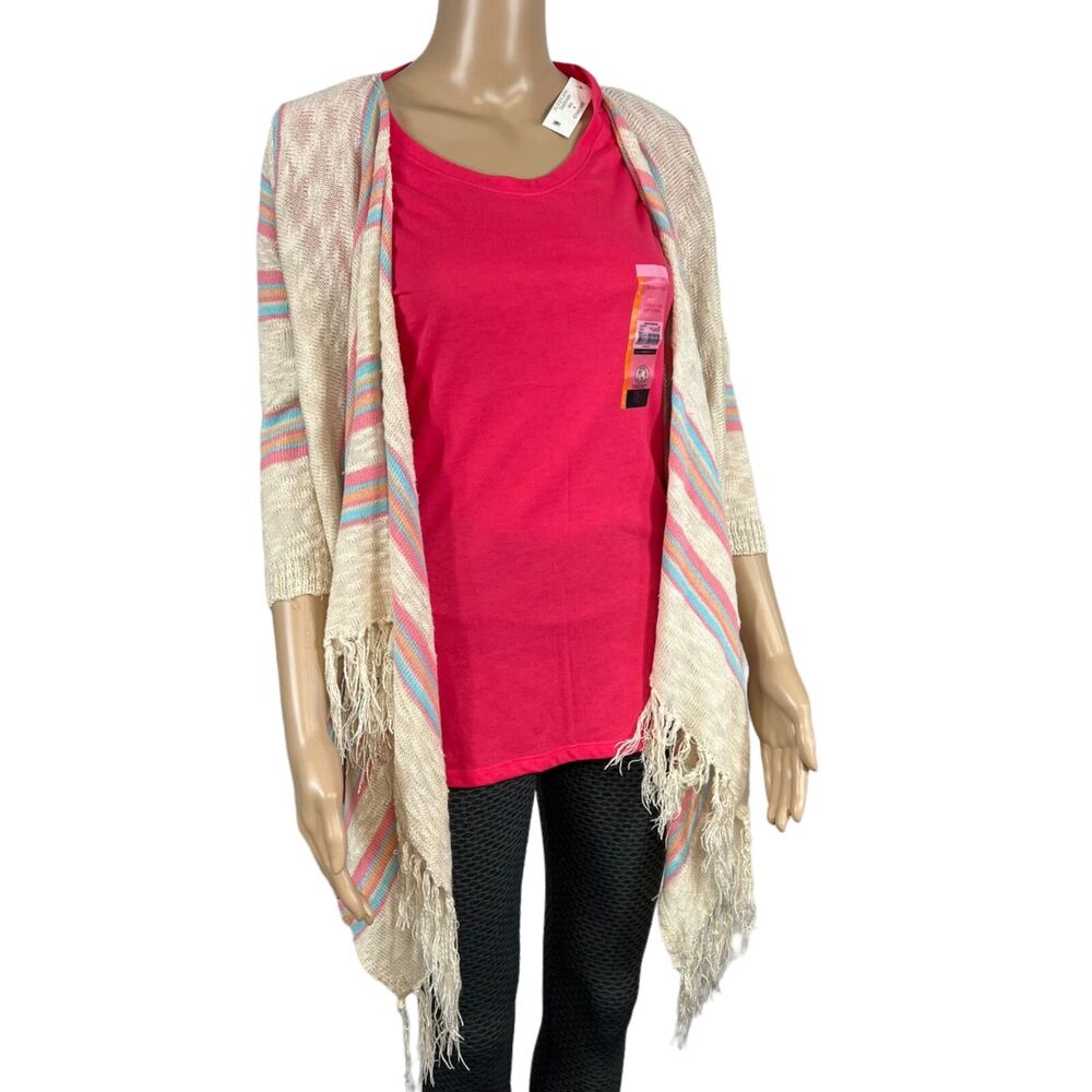Maurices Womens Cardigan Sweater Crochet Back Striped Fringed Open Front Medium